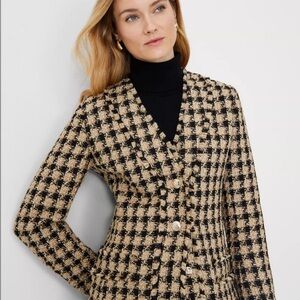 New Ann Taylor Tweed Jacket Blazer Houndstooth Fringe Trim Tan Black Size 8 NWT